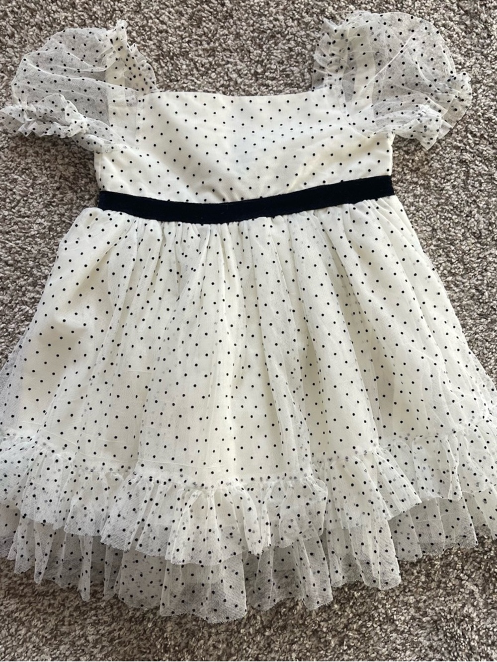 Cream Polka Dot Tulle Dress with Black Waistband